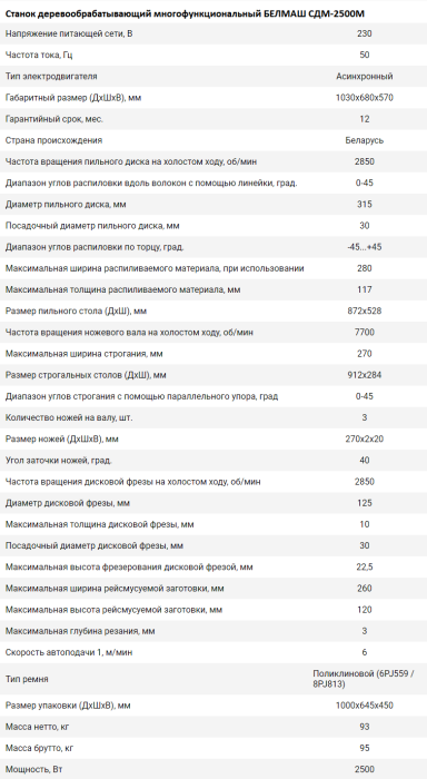 Станок деревообрабатывающий БЕЛМАШ СДМ-2500М 2,5 кВт